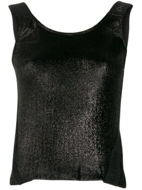 Paco Rabanne tank top features a metallic black sheen and a branded logo band